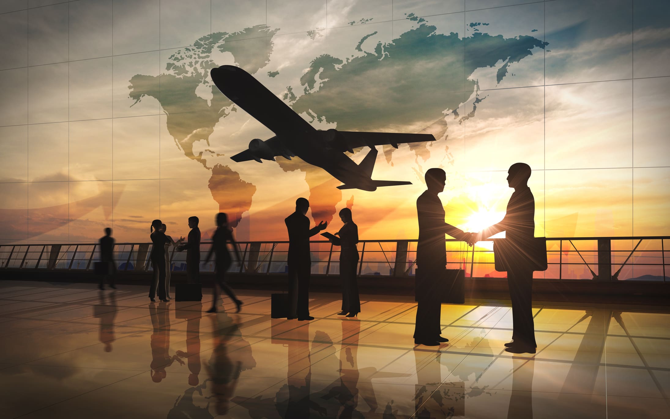 Business people at airport with airplane silhouette